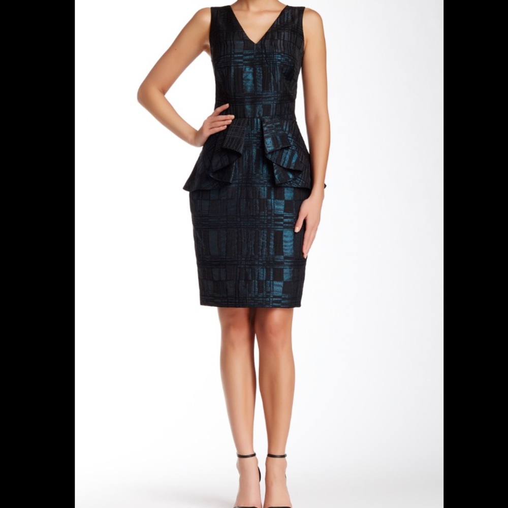 Pamella Roland Jacquard Mesh Back Peplum Dress